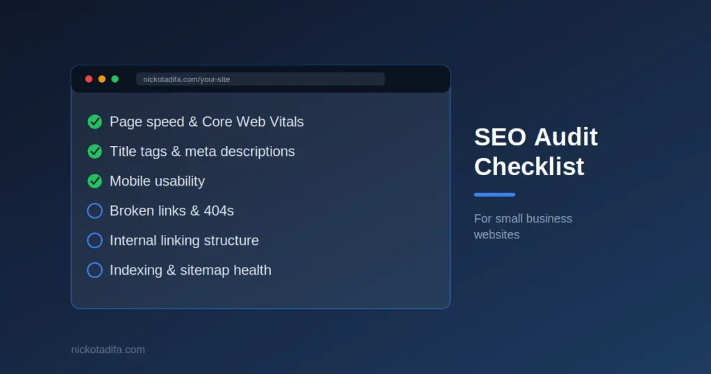Checklist graphic showing SEO audit items: page speed, meta tags, mobile usability, broken links, internal linking, and sitemap health