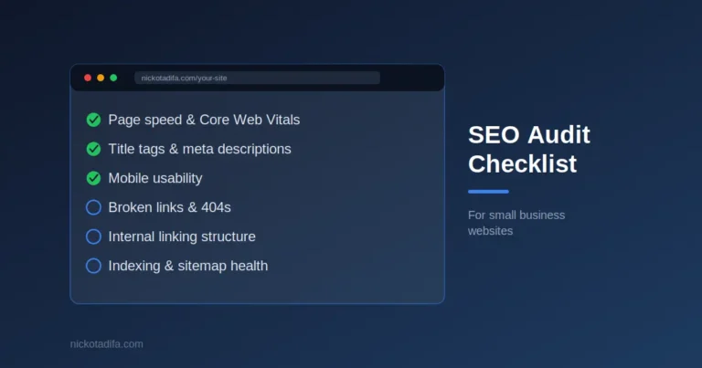 Checklist graphic showing SEO audit items: page speed, meta tags, mobile usability, broken links, internal linking, and sitemap health