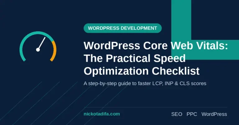 WordPress Core Web Vitals checklist — speedometer graphic with LCP, INP, CLS labels