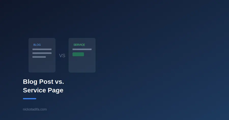 Side by side comparison of a blog post layout and a service page layout