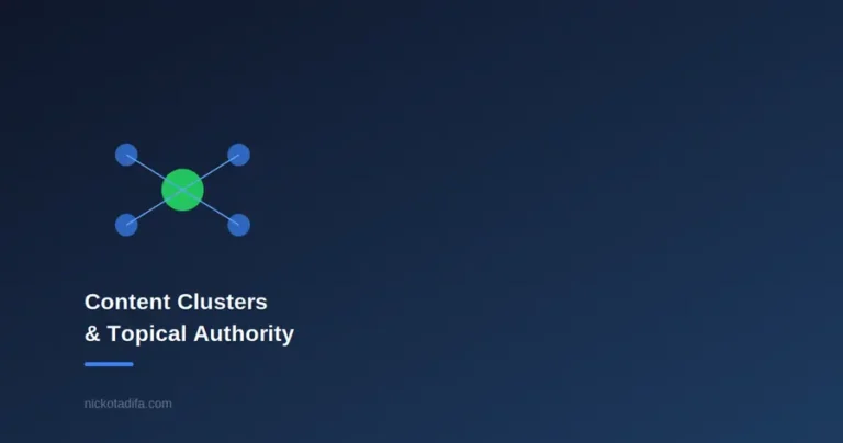 Central hub node connected to smaller nodes representing content clusters and topical authority