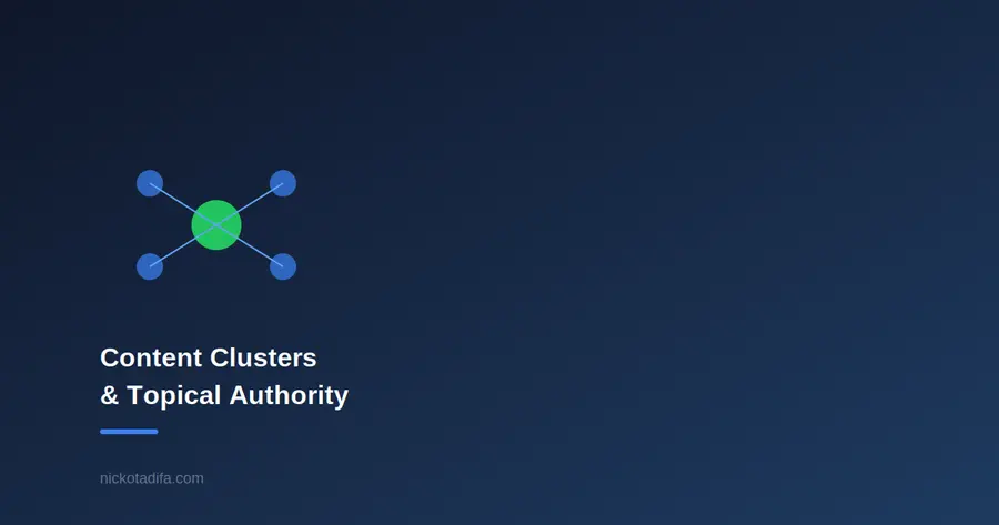 Central hub node connected to smaller nodes representing content clusters and topical authority